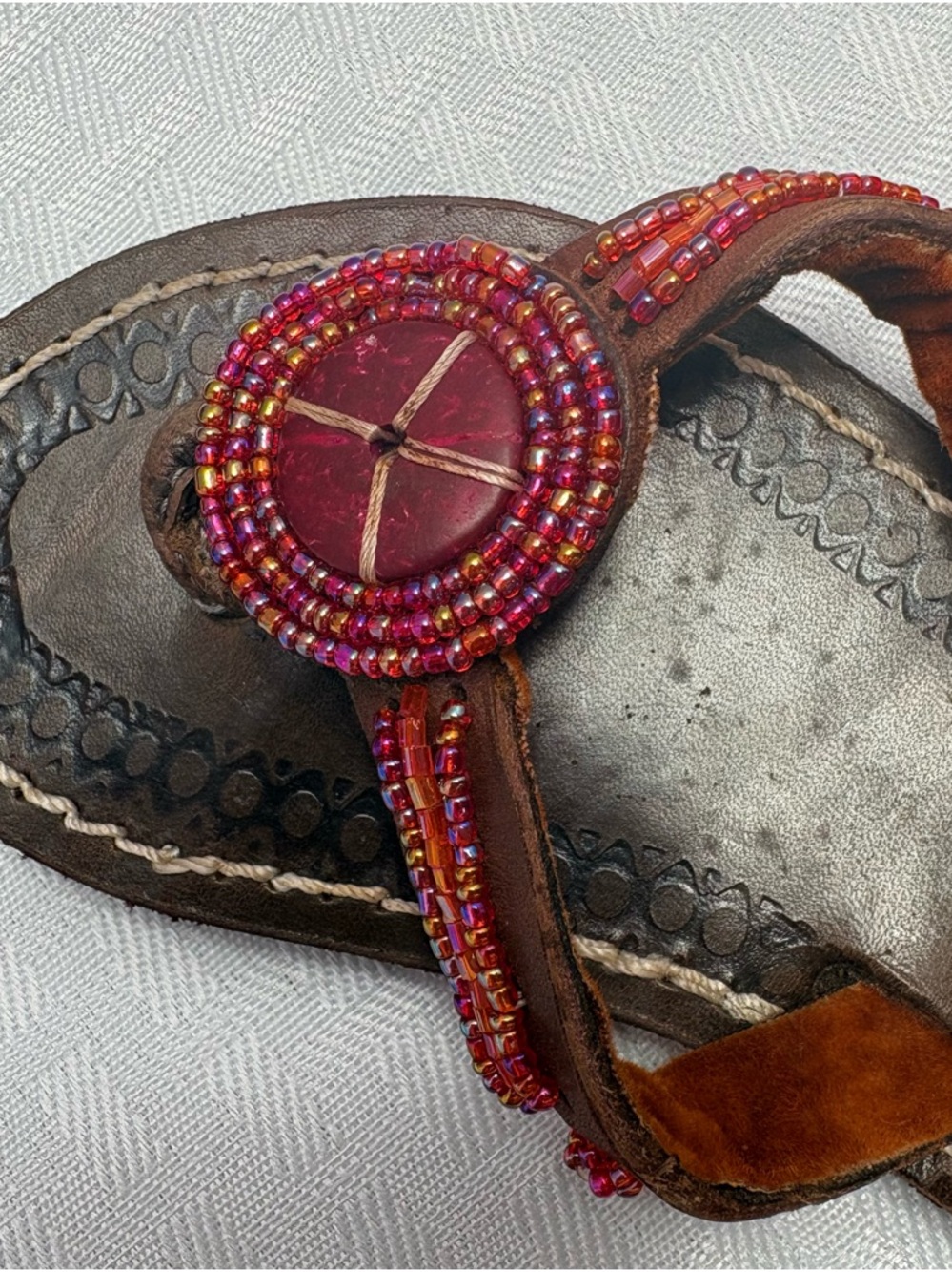 Adorable Bohemian Little Girls Brown Leather Beaded Toe-Post Sandals Boho Hippie - Picture 6 of 14